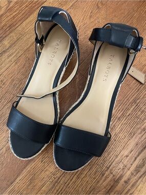 Talbots Black Leather Espadrille Wedge Sandals